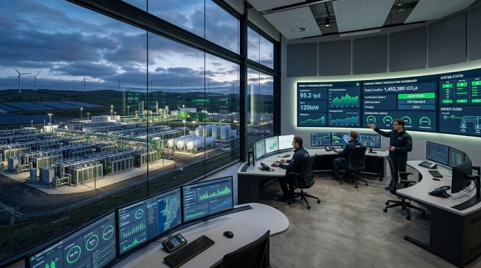 Green Hydrogen Plant Carbon Credit Verification Control Room Green hydrogen electrolysis plant control room with carbon credit verification dashboards