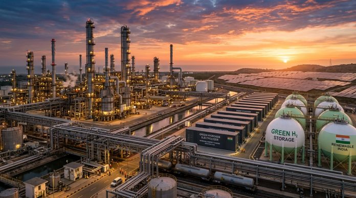 Modern petroleum refinery with integrated green hydrogen electrolyzer units and storage spheres